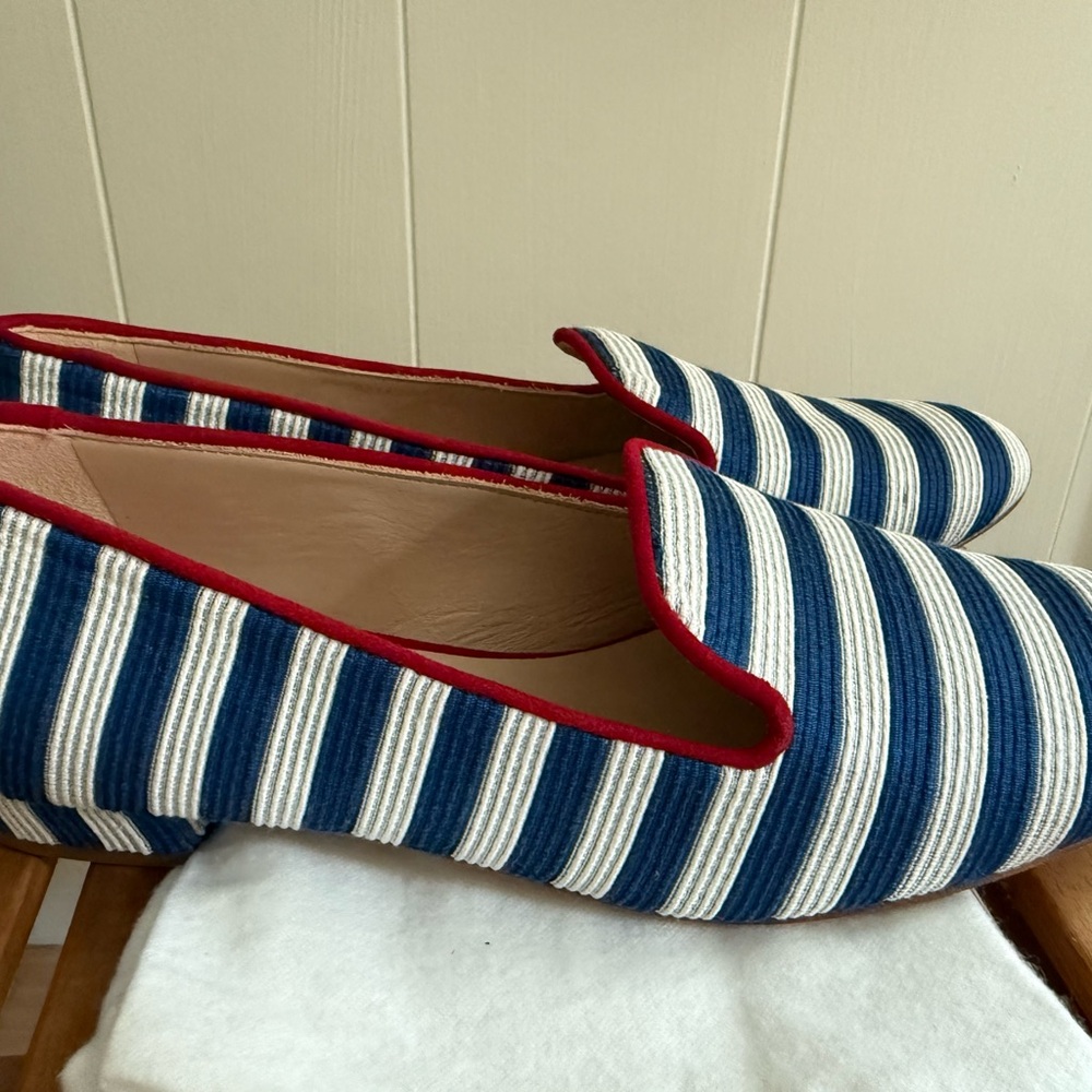 LK Bennett Navy and White Striped Loafers with Red Trim